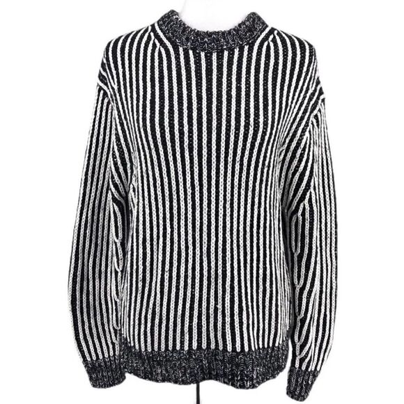 Elizabeth and James Black White Vertical Stripe Knit Crew Neck Pullover Sweater - Picture 2 of 15